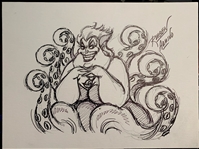 Disney Animator Ruben Aquino Signed 12 x 16 Canvas w/ Ursula Sketch (ACOA)