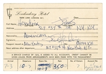 Jimi Hendrix Impossibly Rare Handwritten & Signed 1970 Londonderry Hotel Registration Card with Full James Hendrix Autograph (Beckett/BAS & Tracks UK LOAs)