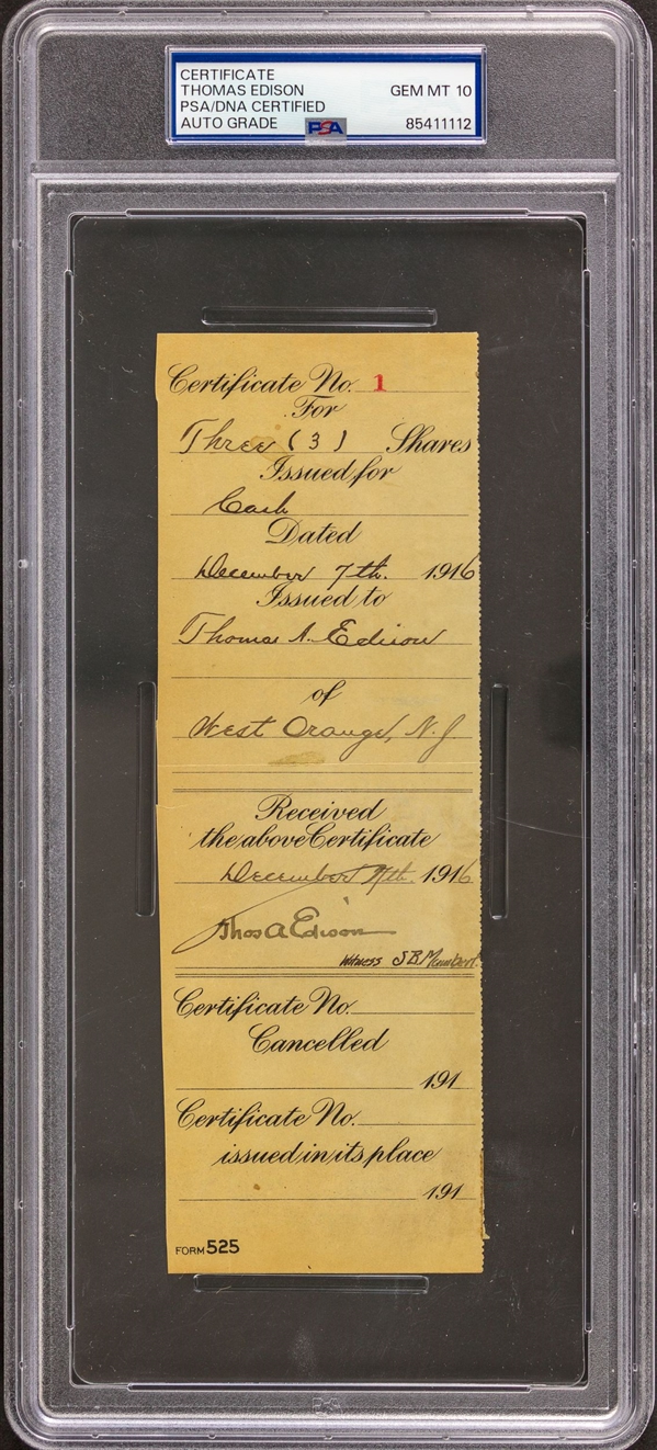 Thomas Edison Signed Stock Sale Certificate – Dated December 4, 1916 – Gem Mint 10! PSA/DNA Authenticated & Encapsulated