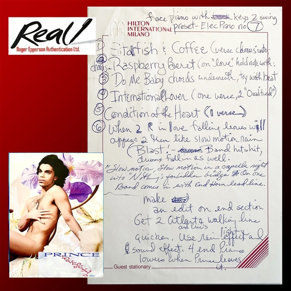 Prince ULTRA RARE Handwritten Rehearsal Notes with Lyrical Cues from the Lovesexy Tour (Milan, Italy - July 1988)(Jeff Gold/Recordmecca & Epperson/REAL LOAs)