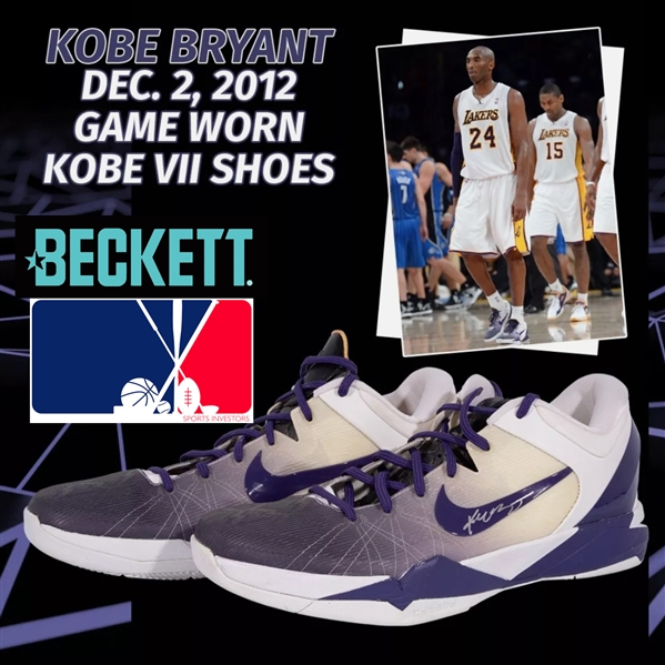 Kobe Bryant Game-Used, Photo-Matched, Signed & Inscribed Nike Kobe VII Sneakers :: Worn 12-2-2012 vs. Orlando for 34-Point Performance! (Sports Investors & Beckett/BAS LOAs)